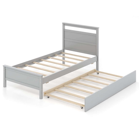 Costway Twin Size Platform Bed with Trundle Pull-out Trundle Headboard & Footboard Gray