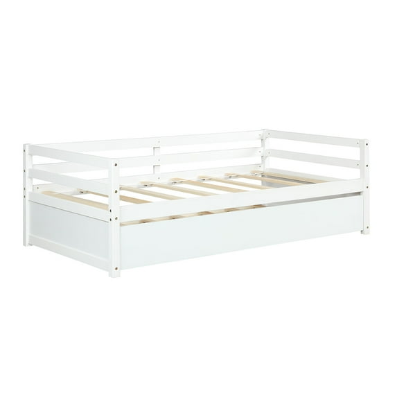 Costway Twin Size Trundle Daybed Wooden Slat Support Mattress Platform White