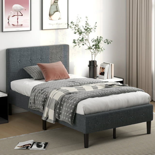 Costway Upholstered Twin Size Bed Frame, Grey, Button Tufted Headboard, Stable Platform Bedroom