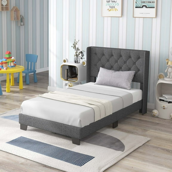 Costway Twin Size Upholstered Platform Bed Tufted Headboard Mattress Foundation Grey