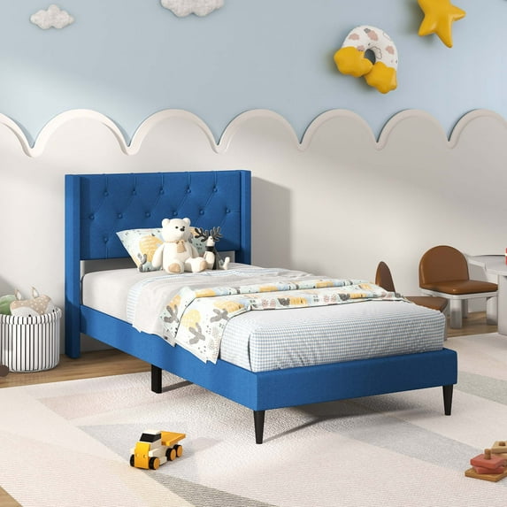 Costway Twin Size Upholstered Platform Bed with Button Tufted Wingback Headboard Blue