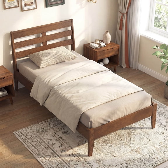 Costway Twin Size Wood Bed Frame with Slat Headboard Under-Bed Storage Space Caramel Brown