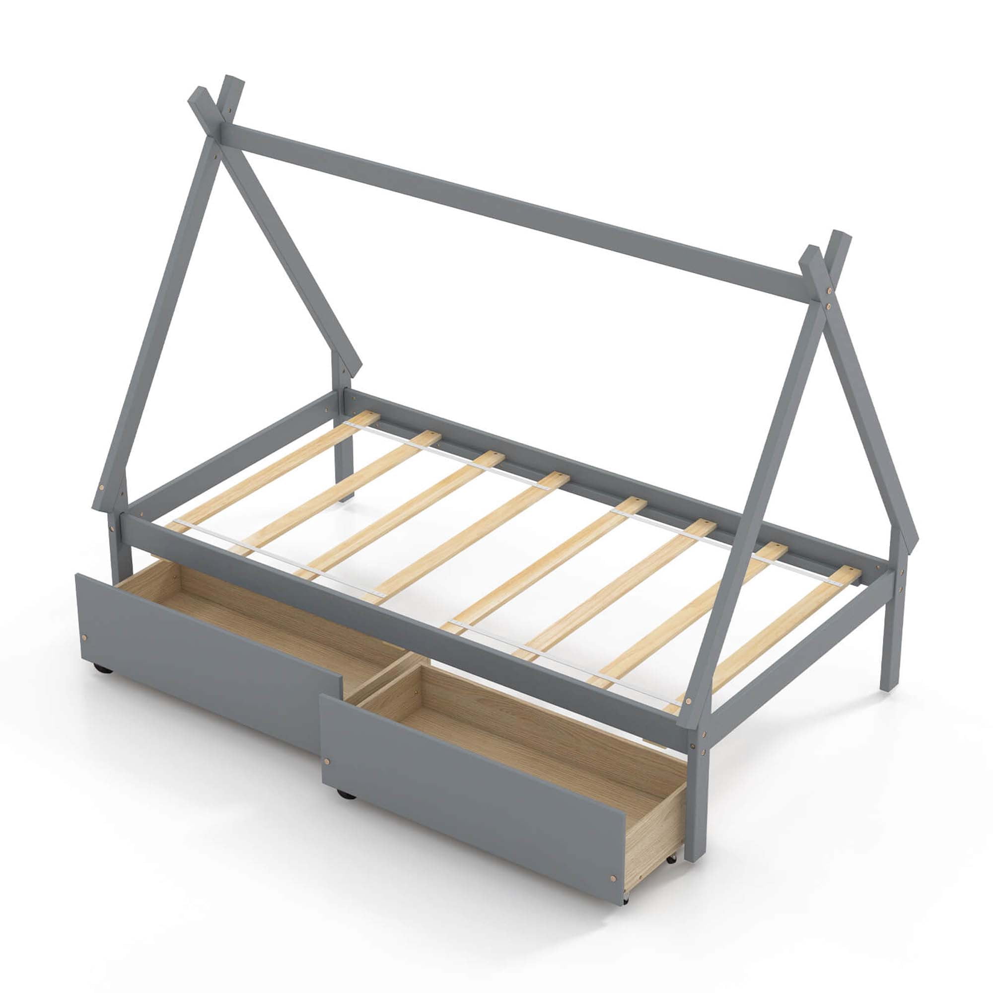 Costway Twin Size Wooden House Bed with 2 Drawers Roof Storage for Boys & Girls Gray