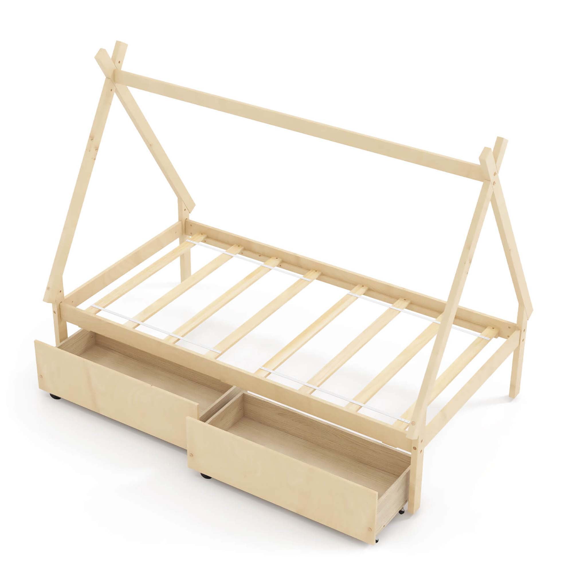 Costway Twin Size Wooden House Bed with 2 Drawers Roof Storage for Boys & Girls Natural