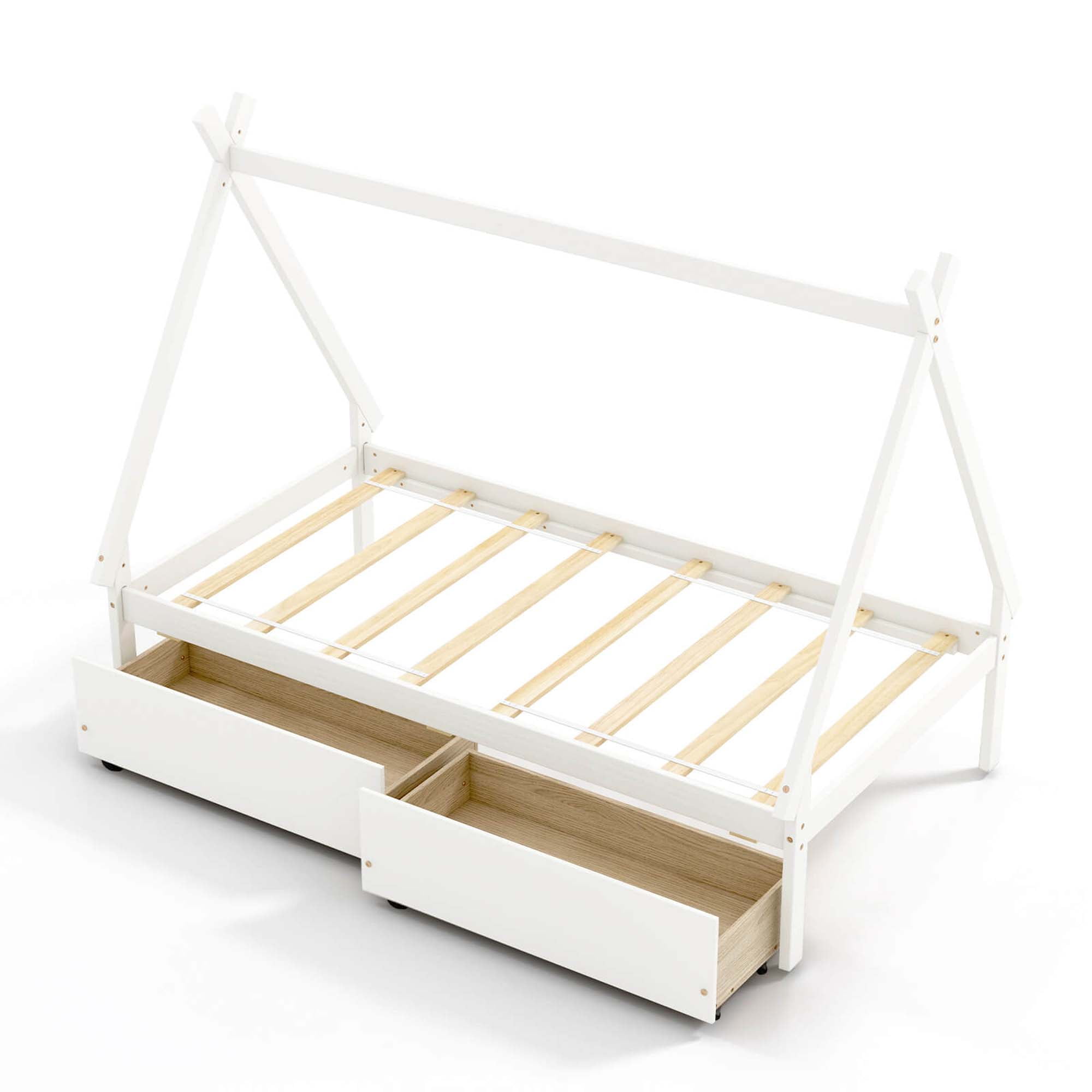 Costway Twin Size Wooden House Bed with 2 Drawers Roof Storage for Boys & Girls White
