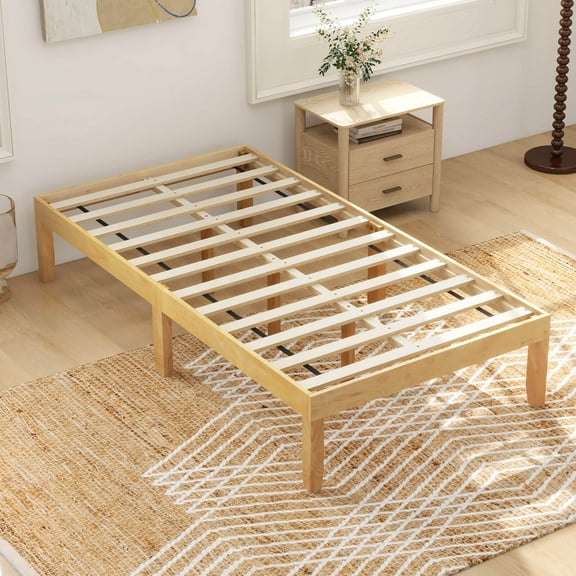 Costway Twin Size Wooden Platform Bed Frame 14" with Rubber Wood Legs Under-bed Storage Beige