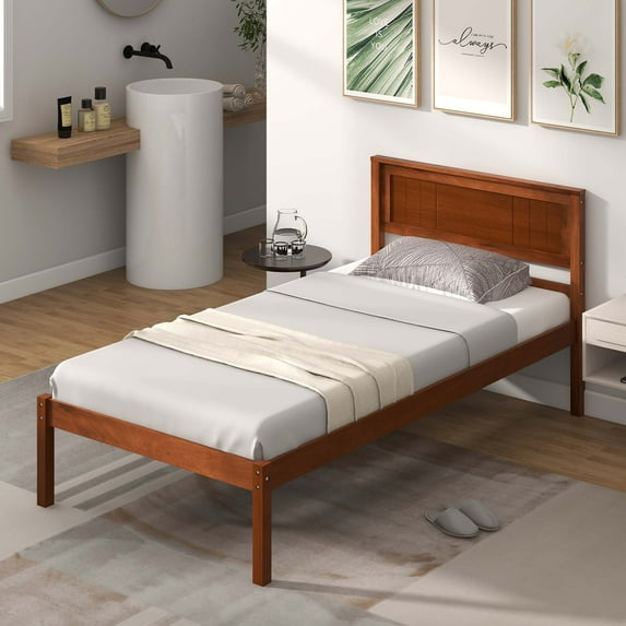 Costway Twin Size Wooden Platform Bed Frame with Headboard Mattress Foundation Walnut