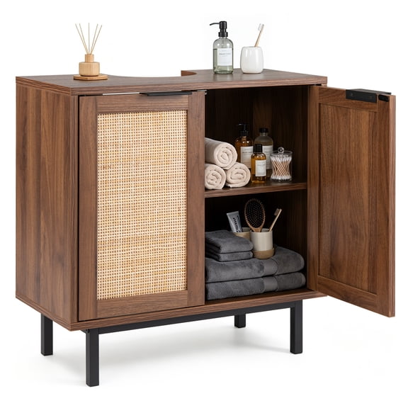 Costway Under Sink Storage Cabinet with U-Shaped Cut-Out 2 Rattan Doors & Shelf Metal Legs Brown