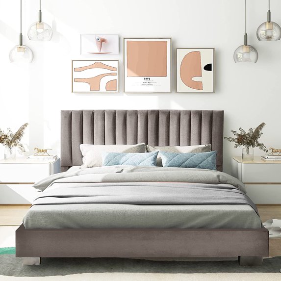 Costway Full Size Vertical Channel Modern Platform Beds, Grey