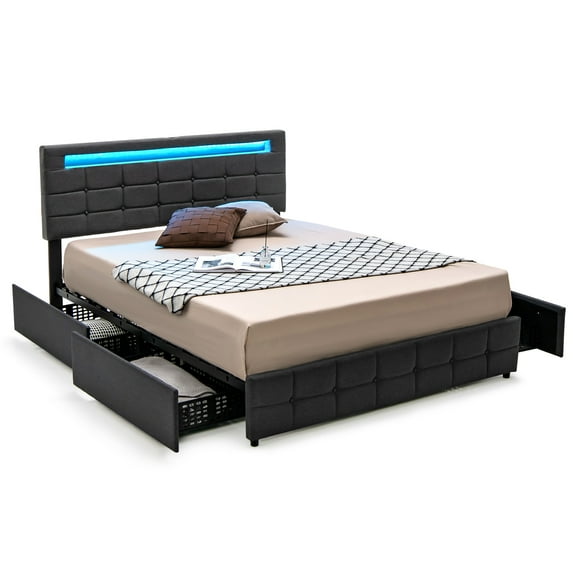 Costway Upholstered Queen LED Lights Bed Headboard Drawers Solid Wooden Slat Platform