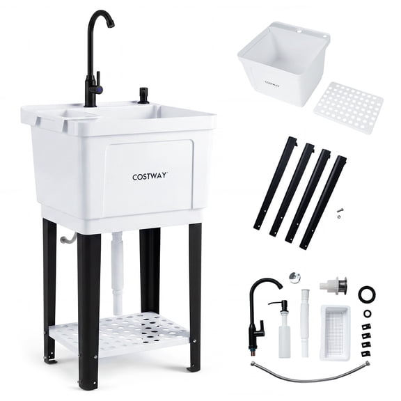 Costway Utility Sink, Laundry Tub with Rotating Faucet, Storage Shelf, Adjustable Legs