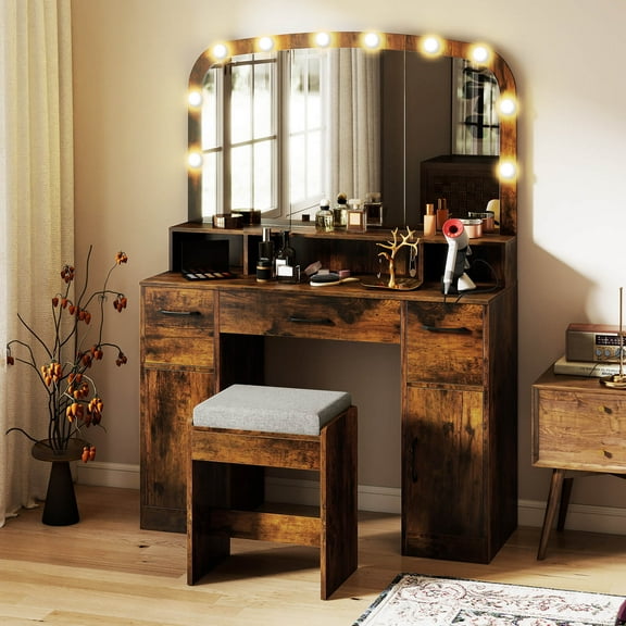 Costway Vanity Desk Makeup Table with with Stool Large Mirror 3-Color Lights for Bedroom Brown