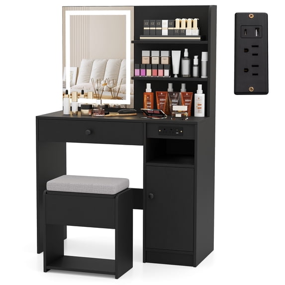 Costway Vanity Desk Set with Mirror & Lights Power Outlet Cushioned Stool Drawer & Shelves Black