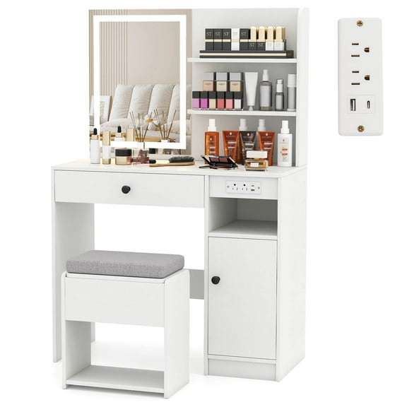 Costway Vanity Desk Set with Mirror & Lights Power Outlet Cushioned Stool Drawer & Shelves White