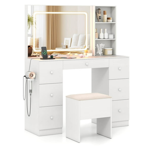 Costway Vanity Desk with Mirror & Lights Makeup Table with Power Outlets & 7 Drawers