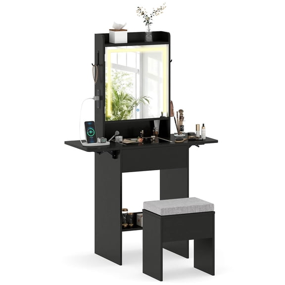 Costway Vanity Desk with Mirror & Lights, Stool, 2 Drop Leaf Tables, Charging Station Black