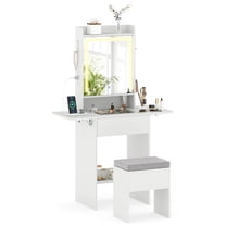 Costway Vanity Desk with Mirror & Lights, Stool, 2 Drop Leaf Tables, Charging Station White