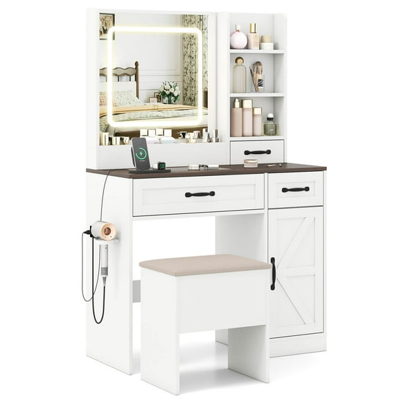 Costway Vanity Desk with Mirror & Power Outlets Dressing Table with 3 Color lighting