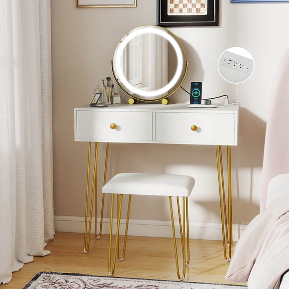 Costway Vanity Desk with Mirror and Lights Lighted Adjustable Mirror 2 Drawers for Bedroom White