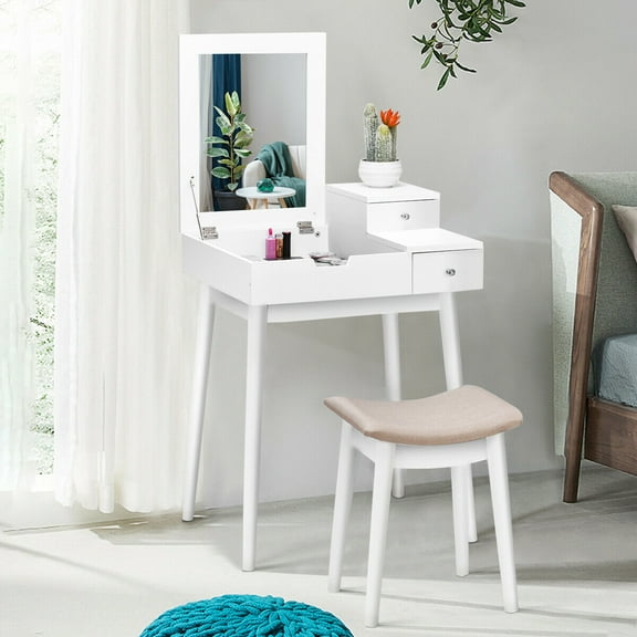 Costway Vanity Dressing Table Flip Desk Furniture Stool 2 White