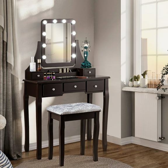 Costway Vanity Dressing Table Set w/ 10 Dimmable Bulbs Touch Switch Cushion Stool Brown