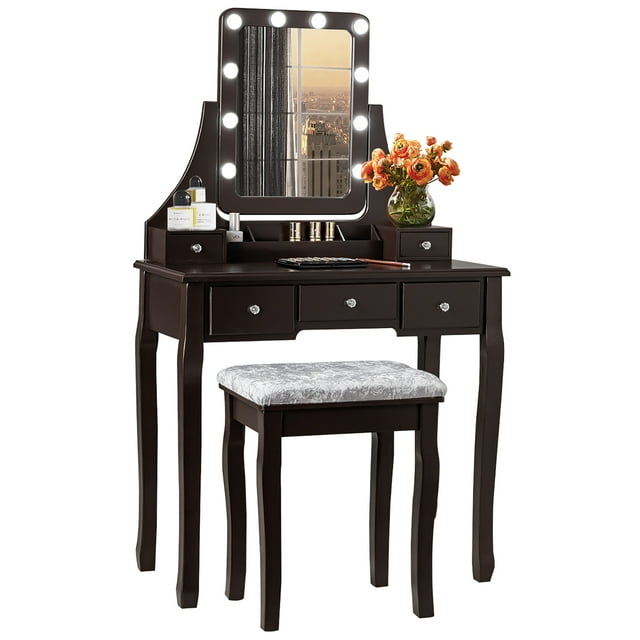 Costway Vanity Dressing Table Set w/ 10 Dimmable Bulbs Touch Switch