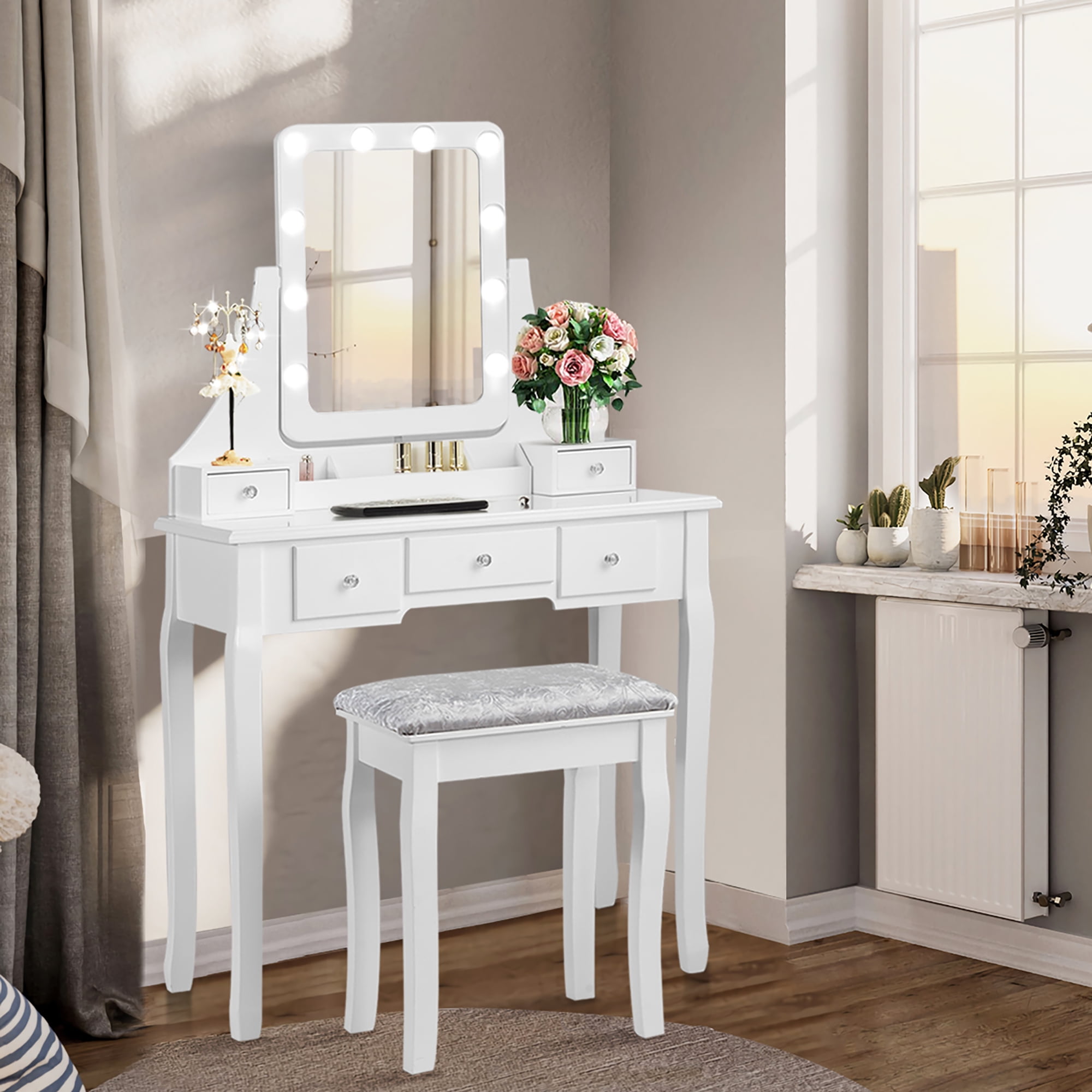 Costway Vanity Dressing Table Set w 10 Dimmable Bulbs Touch Switch Cushion Stool White