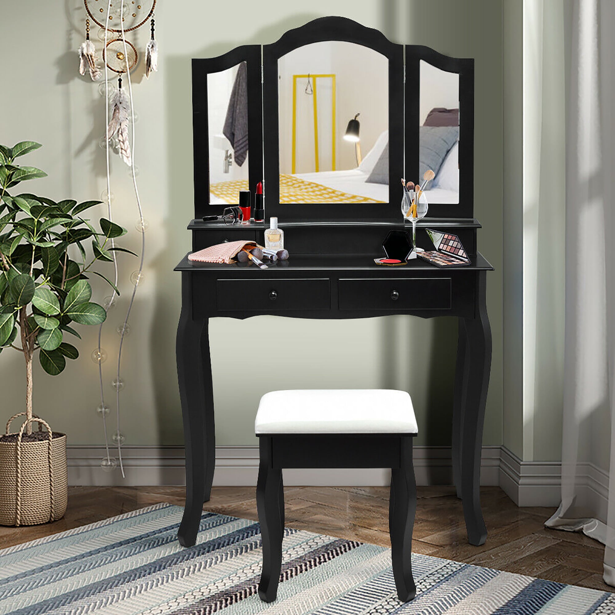 black dressing table with stool and mirror Anna-Kaci Distressed Denim Overall Midi Dress - White