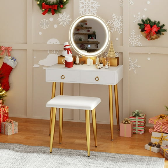 Costway Vanity Makeup Dressing Table Stool Set 3-Color Lighted Mirror with Drawers White
