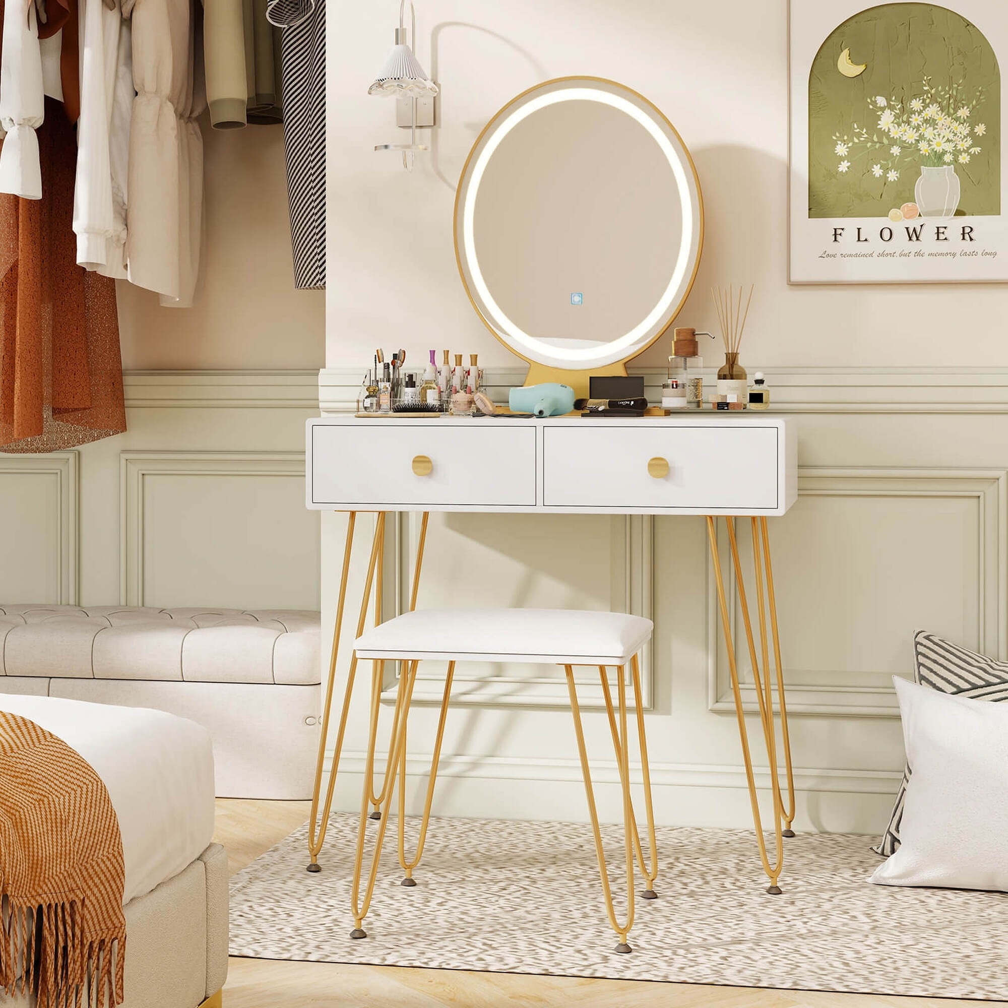 Elegance White Vanity Makeup Dressing Table Set with 3 Lighting Modes & Touch Mirror