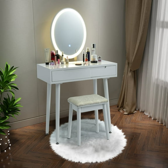 Costway Vanity Makeup Table Touch Screen 3 Lighting Modes Dressing Table Stool Set White