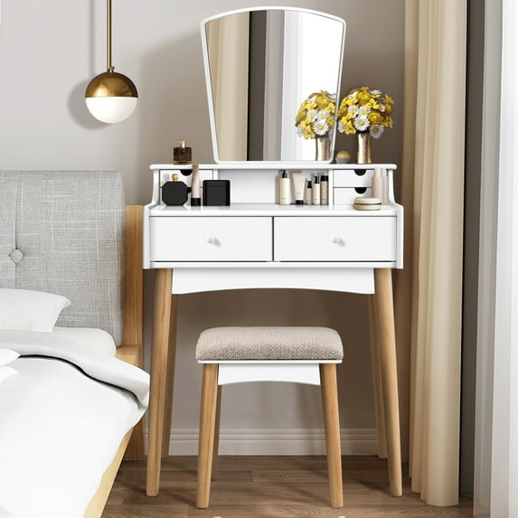 Costway Vanity Table 6 Dressing Table Cushioned Stool Makeup Table