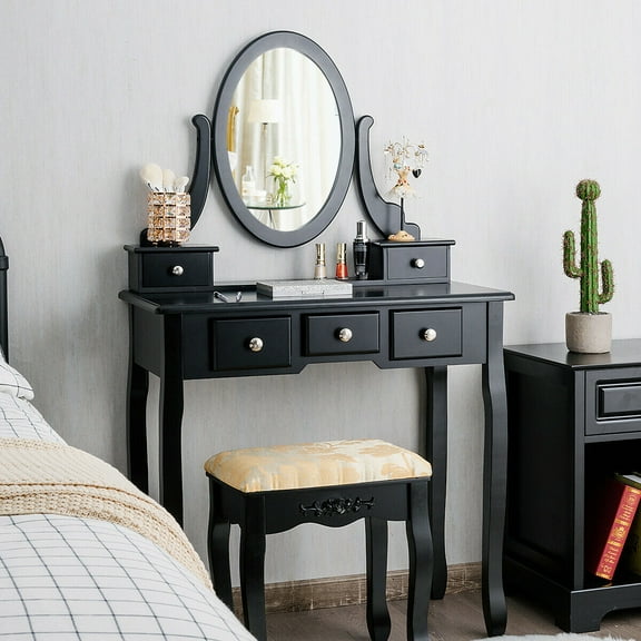 Costway Vanity Table Dressing Table 5 Make Up Table Stool Black