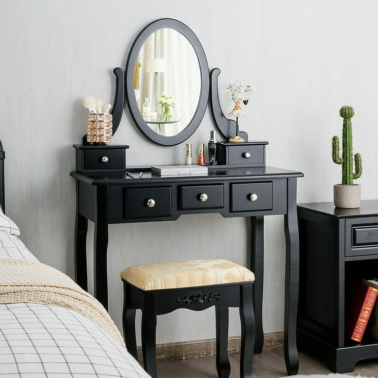Costway Vanity Table Set with 5 Drawers and Square Mirror-Black