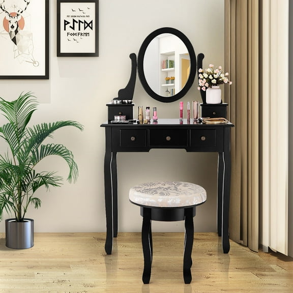 Costway Vanity Table Makeup Table Cushioned Mirror 5 Drawers Black