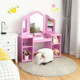 Kids Vanity Table with Tri Folding Mirror and Stool Vanity Set with Mirror and Drawer for Kids Age 3 9