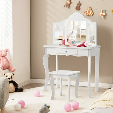 Costway Vanity Table Set Makeup Dressing Table Kids Stool Mirror White