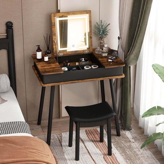 Costway Vanity Table Set w/ Flip Top Mirror Lights USB Port Cushioned Stool Writing Desk