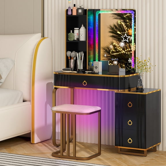 Costway Vanity Table Set with RGB LED Lights Crystal Crush Diamond Mirror Drawers Black