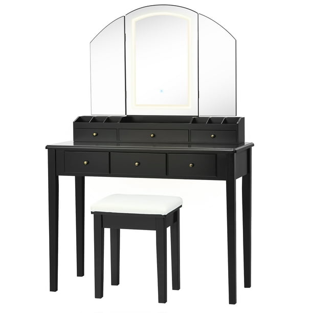 Costway Vanity Table Stool Set Large Trifolding Lighted Mirror 6