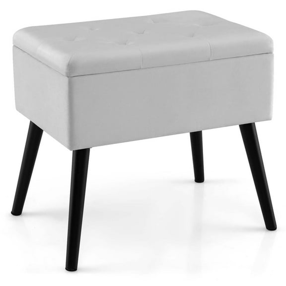 Costway Velvet Vanity Stool Ottoman with Storage Solid Wood Legs Flip-Up Top for Entryway Gray