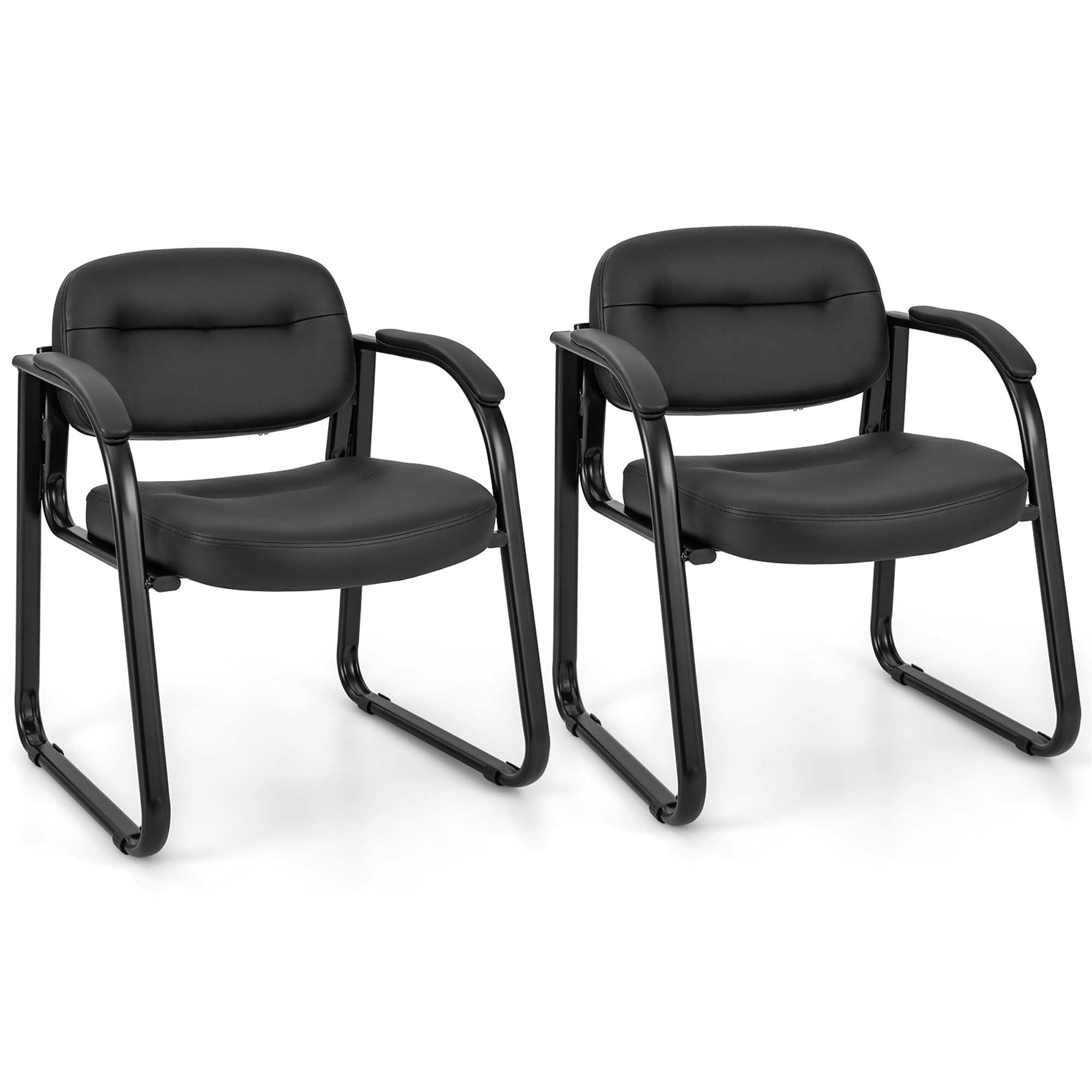 Black Leather and Metal Ergonomic Office Guest Chairs Set of 2