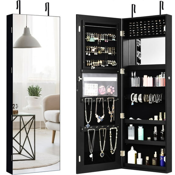 Costway Wall&Door Mounted Jewelry Cabinet Storage Organizer Mirror Black