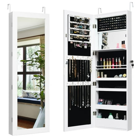Costway Wall Door Mounted Mirror Jewelry Cabinet Organizer LED Lights - White