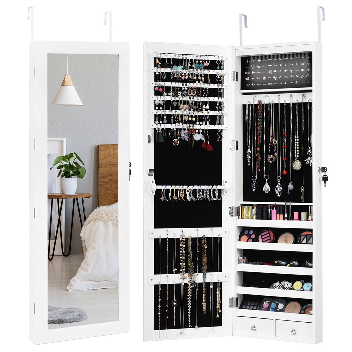 LVSOMT Hanging/Over the Door Mirror Jewelry Cabinet with LED Lights,  Lockable Jewelry Armoire Organizer, Mirror with Jewelry Storage, White