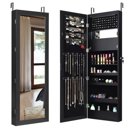 Costway Wall Door Mounted Mirror Jewelry Cabinet Organizer w/LED Lights - Black