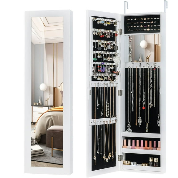 Costway Wall Door Mounted Mirrored Jewelry Cabinet Storage Organizer White