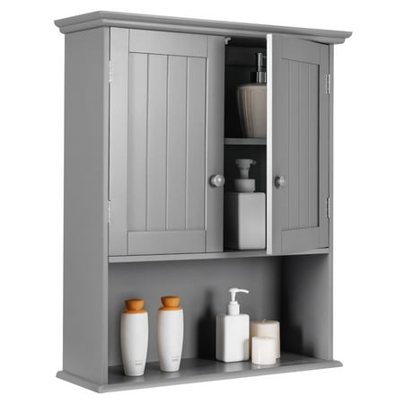 Costway Wall Mount Bathroom Cabinet Storage Organizer Medicine Cabinet with 2-Doors and 1- Shelf Cottage Collection Wall Cabinet Grey