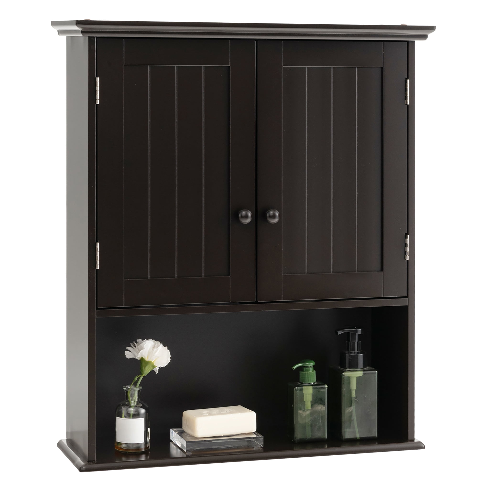 Espresso MDF Wall Mount Bathroom Cabinet with Open Shelf