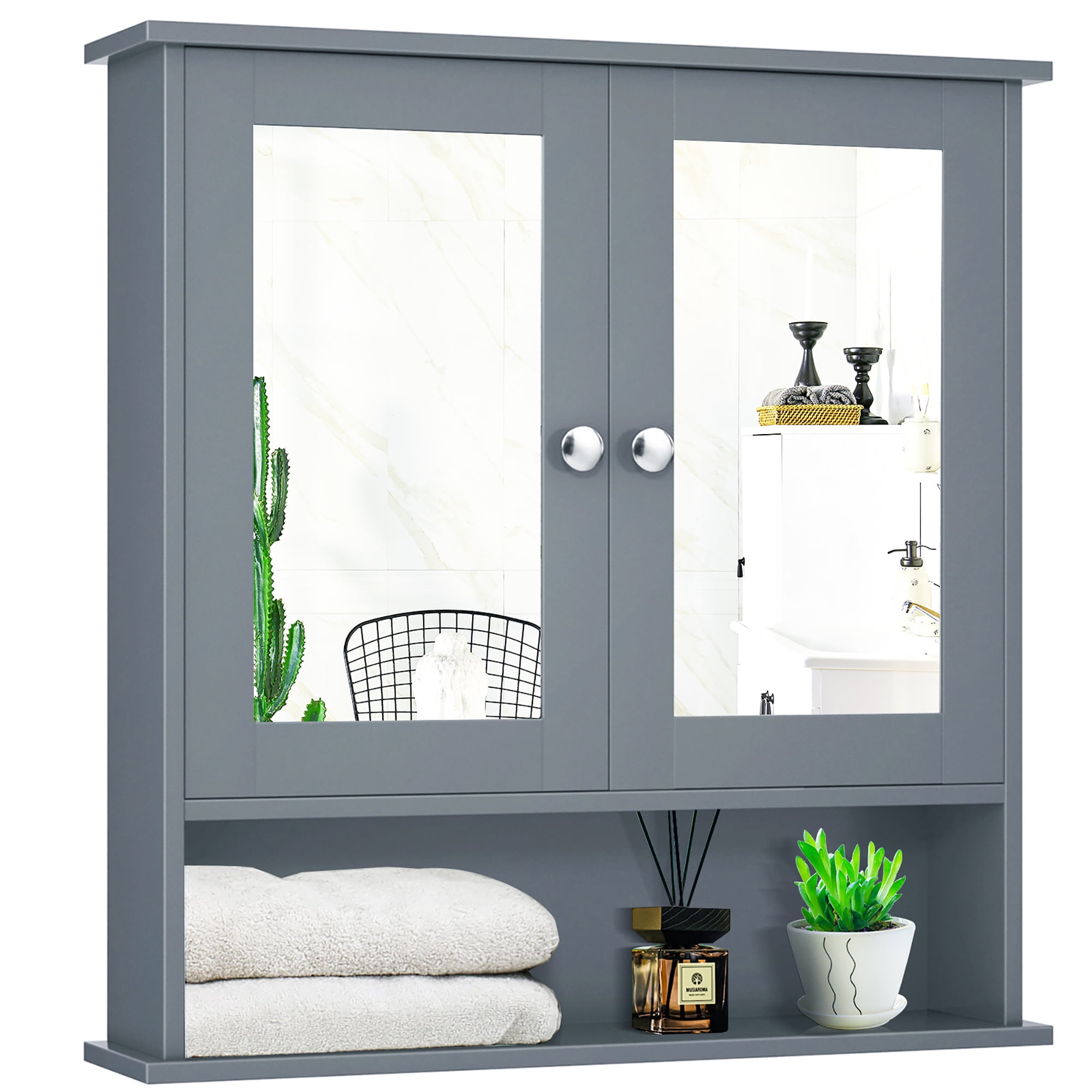 Costway Bathroom Storage Wall Mount Mirror Grey